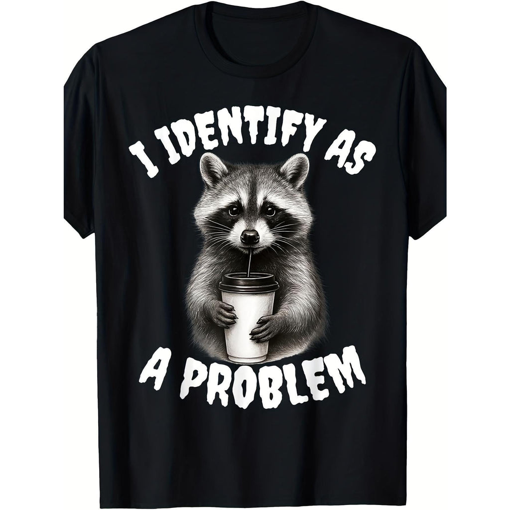Funny Raccoon Meme T-Shirt - "I Identify As a Problem Raccoon" Slogan with Raccoon Mask Logo - Casual & Party Wear Novelty Tee for Animal Lovers, Round Neck Humor Apparel
